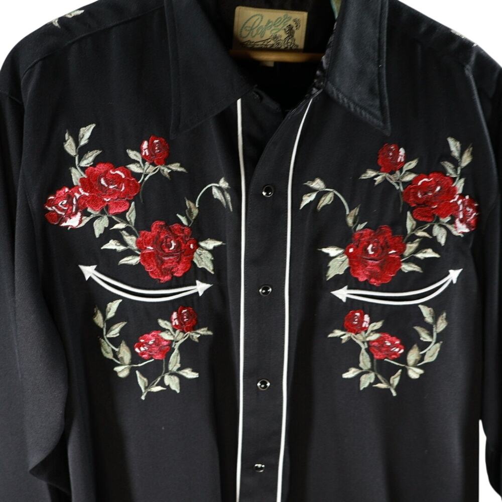 Rockmount Ranch Wear Western Shirt Mens L Black Red Rose Embroidered Snap Cowboy